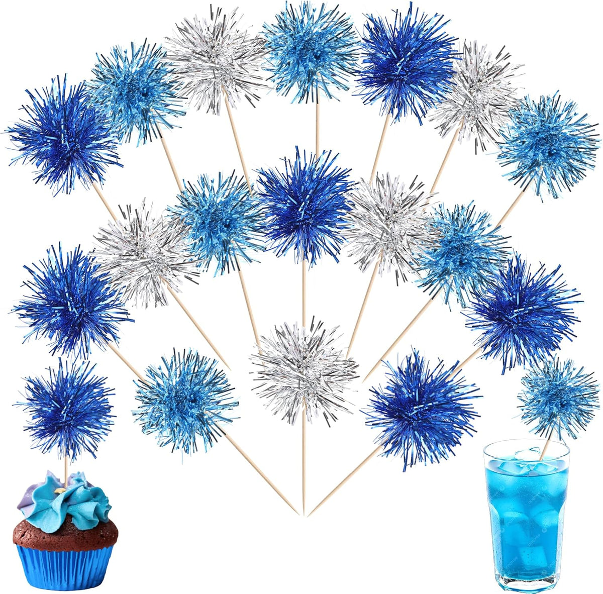 30 PCS Foil Firework Cupcake Toppers Sparkle Tinsel Cupcakae Picks Foil Firework Decorations Cocktail Fruit Toothpick for Fireworks Theme Birthday Wedding Graduation Party Decor Blue Silver Light Blue