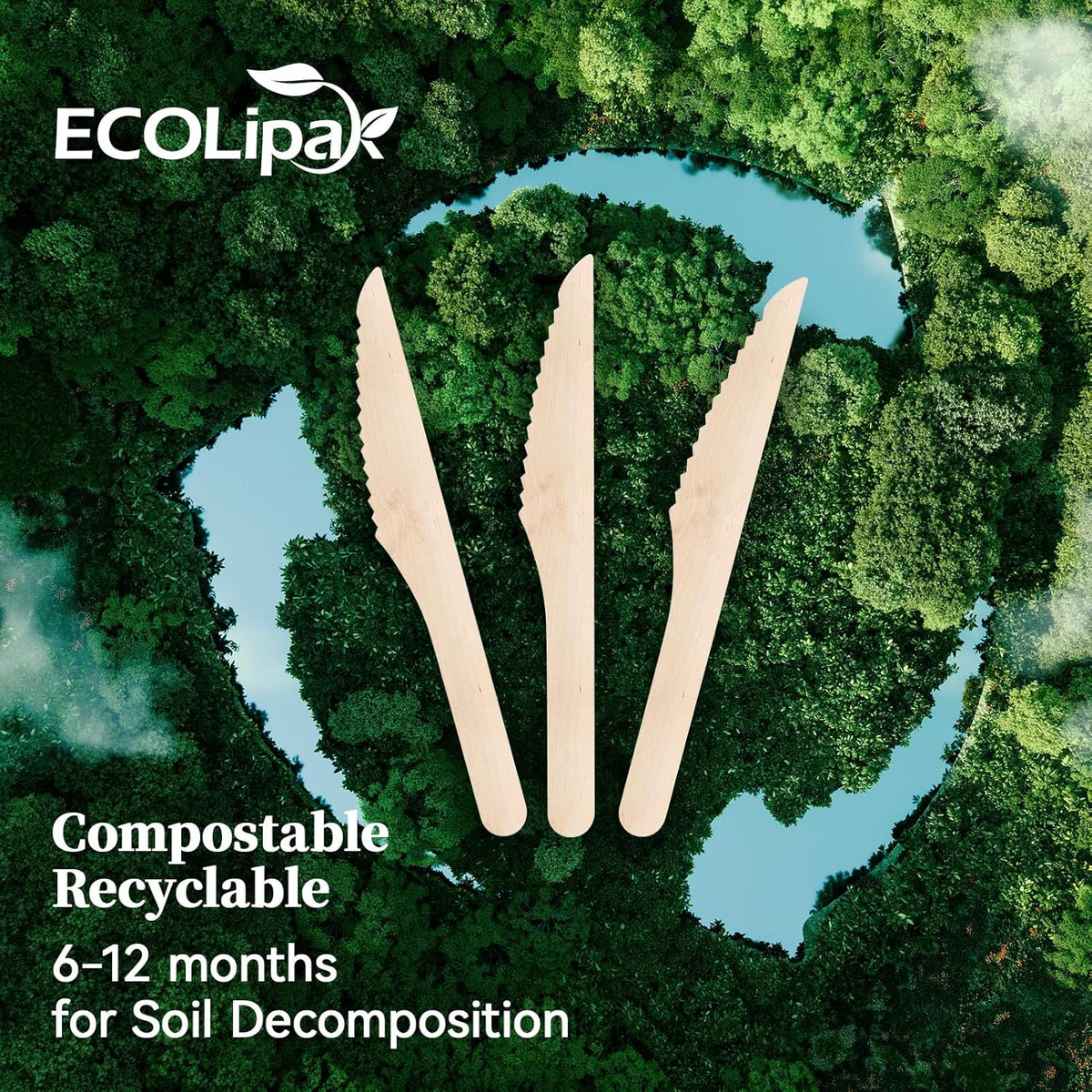 ECOLipak 300 Count Disposable Wooden Knives, Wooden Compostable Disposable Knives for Party, Camping, Traveling, Family Dinners