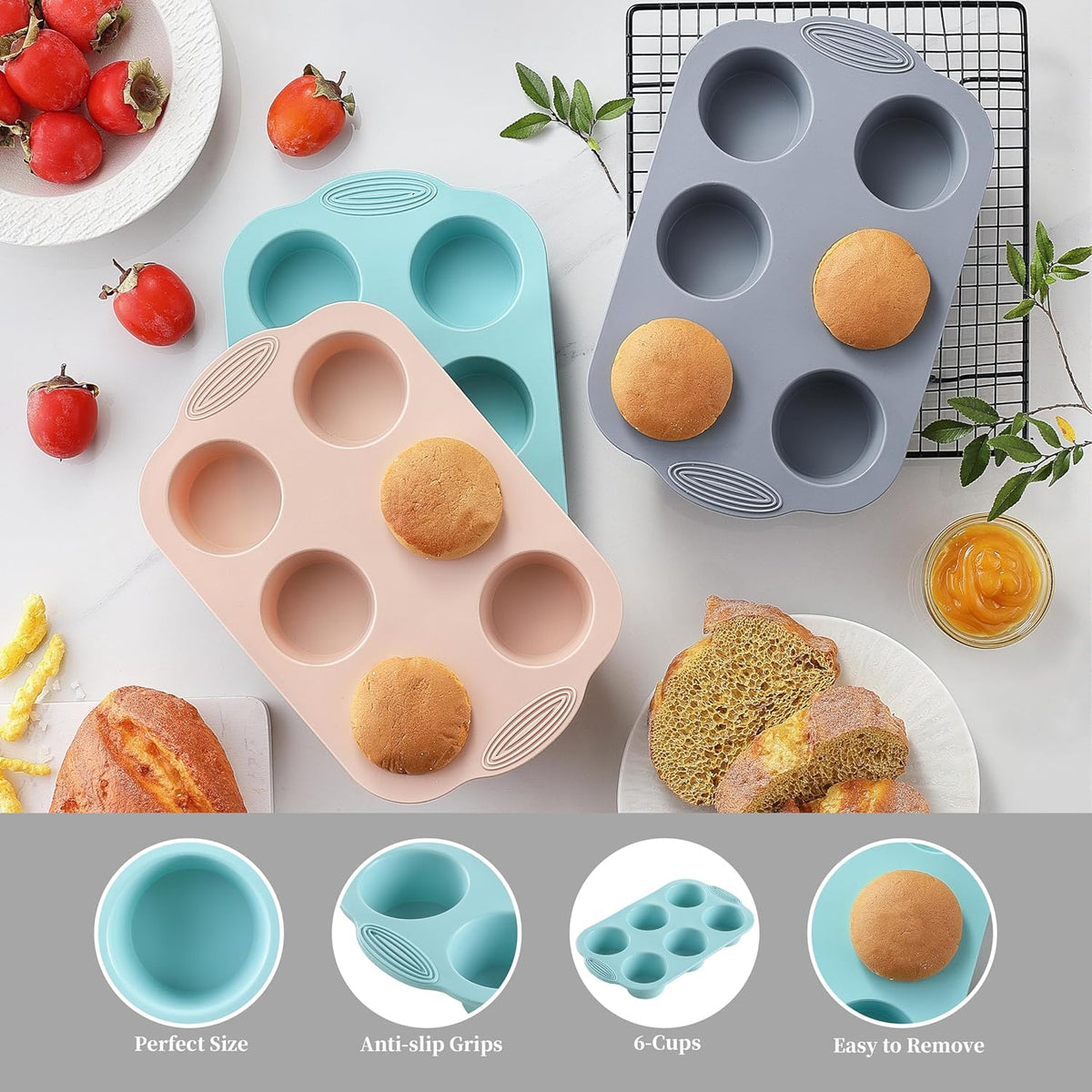 Silicone Muffin Pan, Food Grade Silicone Cupcake Molds for Baking Muffins and Cupcakes, 6-Cup Nonstick Cupcake Pan, Easy Cleaning and BPA-Free (Gray, Orange, Blue)