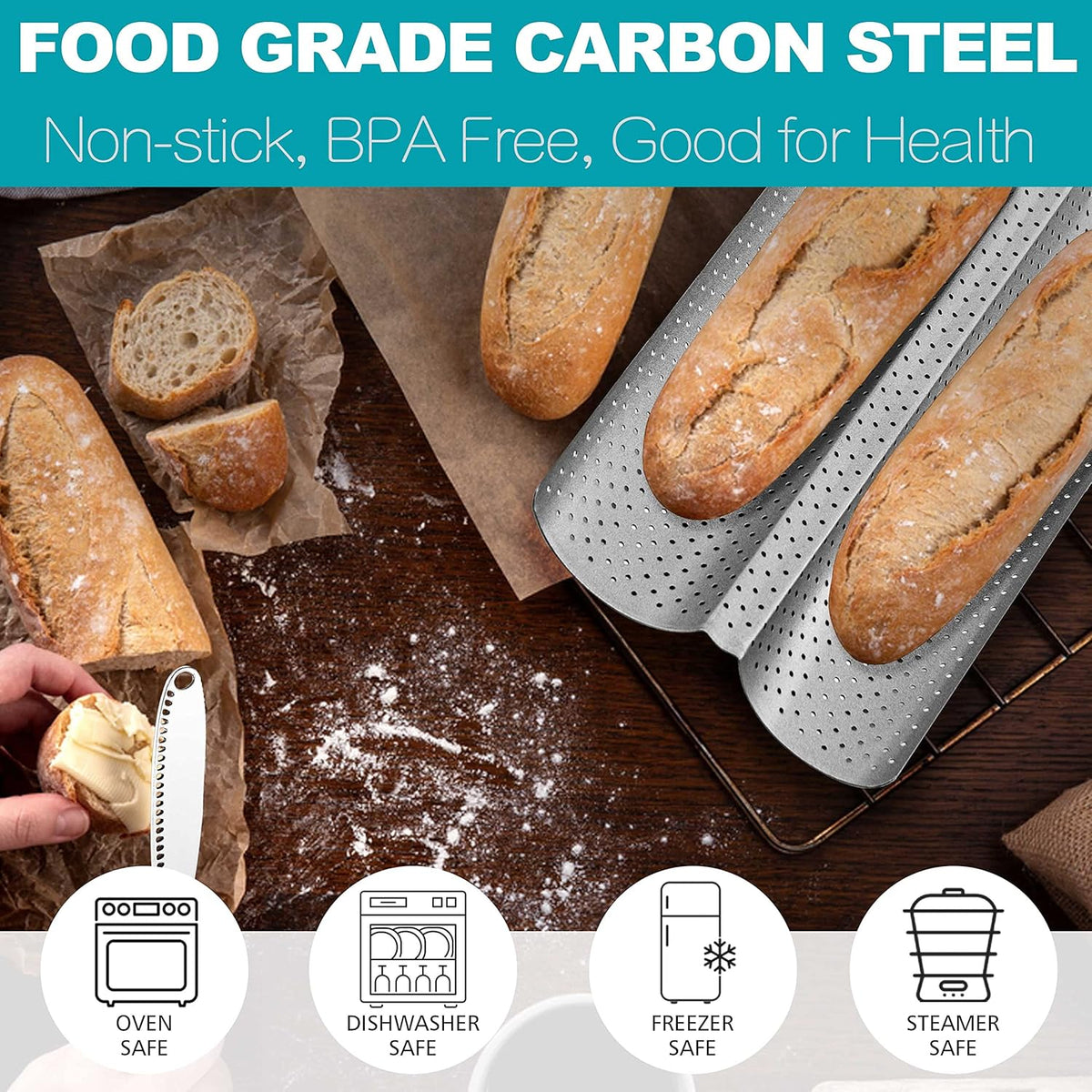Anaeat Nonstick Perforated French Bread Baking Pan, 15"X 6.3" Premium Toast Mold, Silver