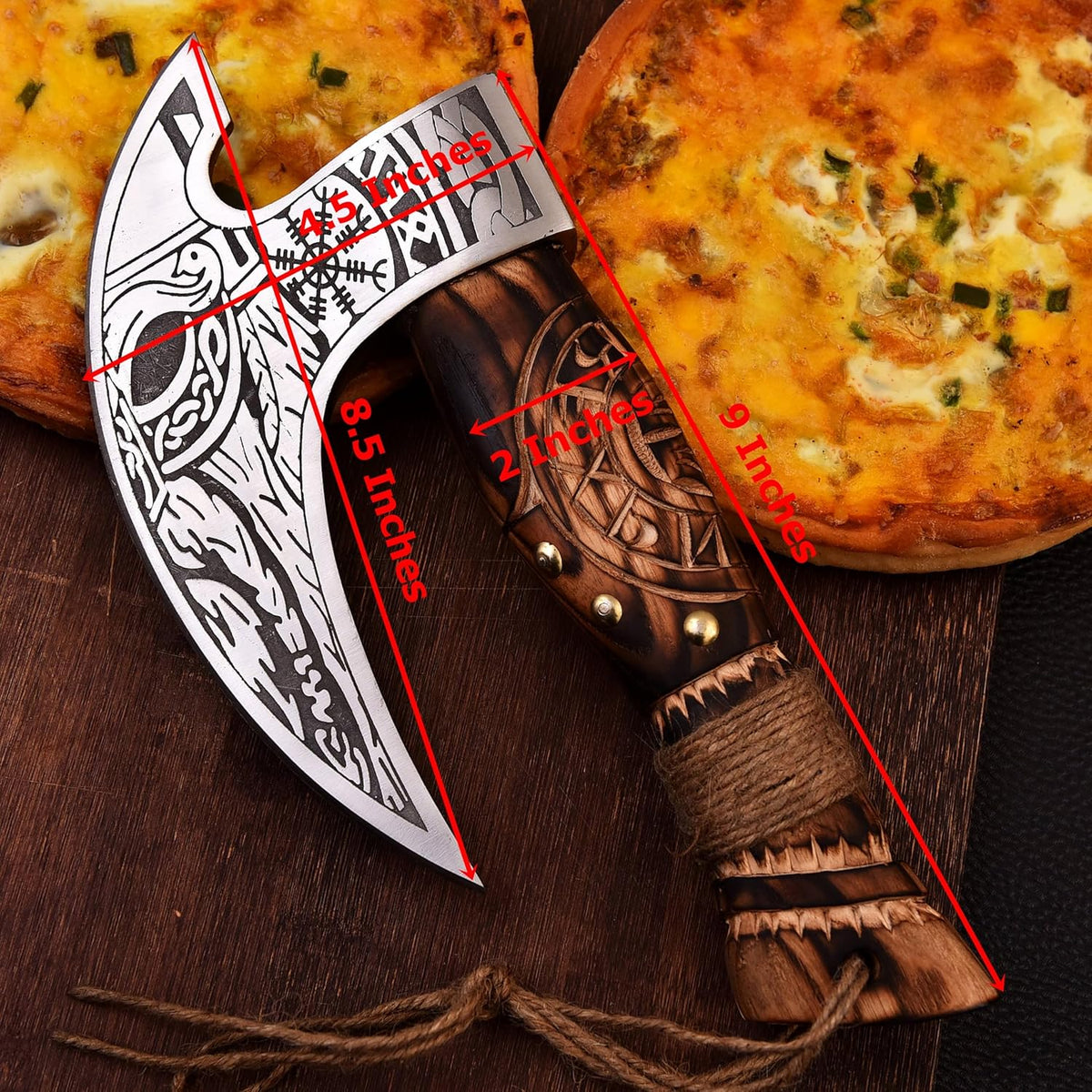 MR. CRAFT Pizza Cutter Axe Carbon Steel Slicer Chef Viking Axe with Leather Cover - Premium Pizza Oven Accessories Ulu Rocking Pizza Gifts for Men (Engraved Ash Wood)