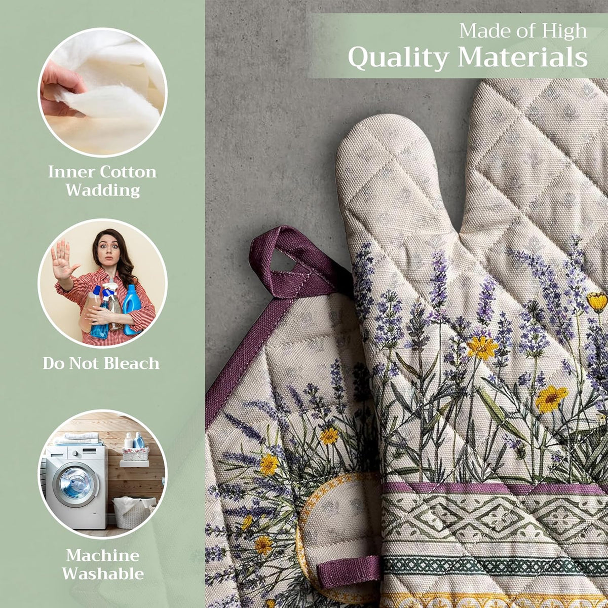 Maison d' Hermine 100% Cotton Oven Mitt & Pot Holder Set (7.5"x13" & 8"x8") Heat Resistant BBQ Cooking Gloves with Loop, Baking, Grilling, Kitchen, Handling Hot Pans Spring/Summer (Fanny Lavender)
