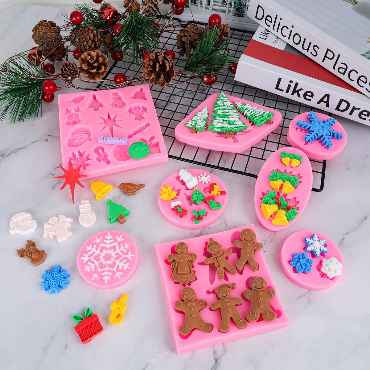 Christmas Silicone Molds Snowflake Molds Mini Xmas Fondant Chocolate Candy Cake Molds Christmas Snowman Tree Snowflake Holly Leaves Santa Claus Baking Molds for Xmas New Year Party Cake Decor