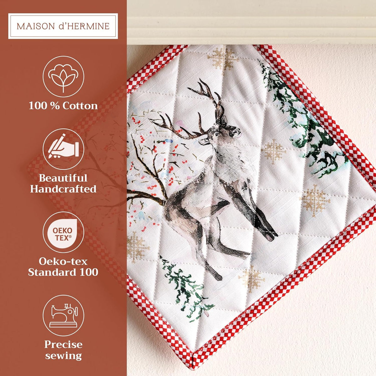 Maison d' Hermine Pot Holders 100% Cotton Heat Resistant Potholders 8" x 8" Hot Pads with Loop BBQ, Cooking, Baking, Grilling, Kitchen, Handling Hot Pans (Pack of 1, Rural Christmas)