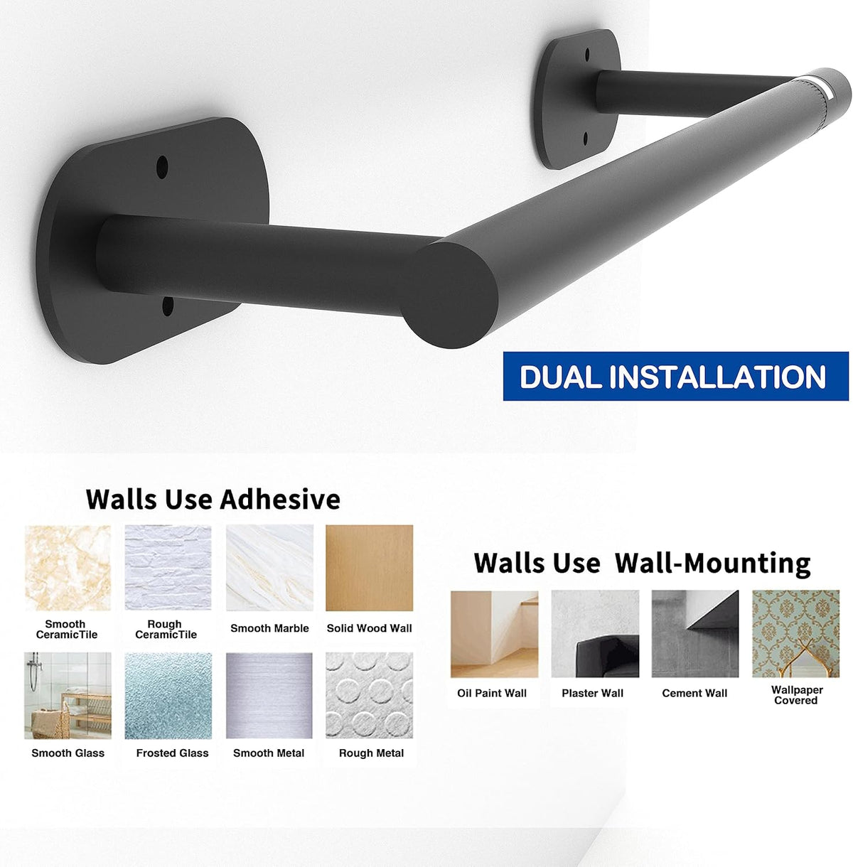 Ruacq Matte Black Paper Towel Holder Double Post Pivoting Round Base Under Cabinet Paper Towel Holder for Kitchen Self-Adhesive or Drill mounting
