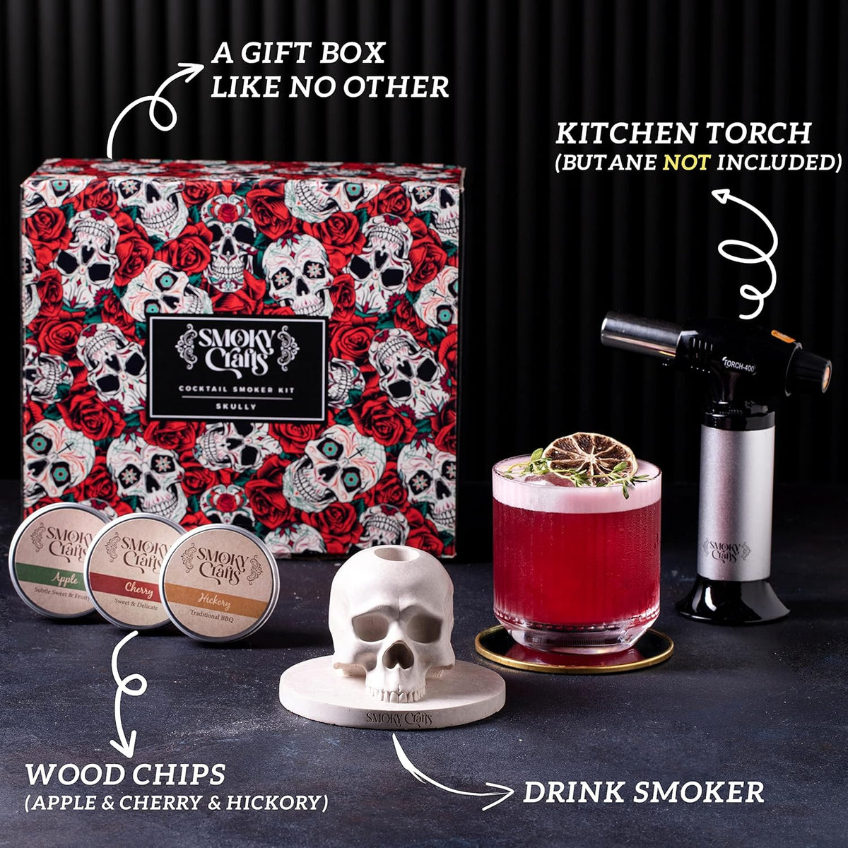 Whiskey Smoker Kit with Torch - Old Fashioned Smoker Kit comes with Skull-Shaped Smoke Infuser, Culinary Torch and Wood Chips (Apple, Cherry, Hickory) - Gifts for Men (Without Butane)