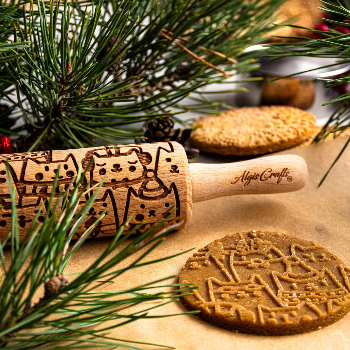 CHRISTMAS FEST 3 Mini Embossed Rolling Pin Set. Wooden Laser Engraved Textured rolling pins for Cookies, Modeline, Ceramic with Skulls, Bats, Halloween by Algis Crafts