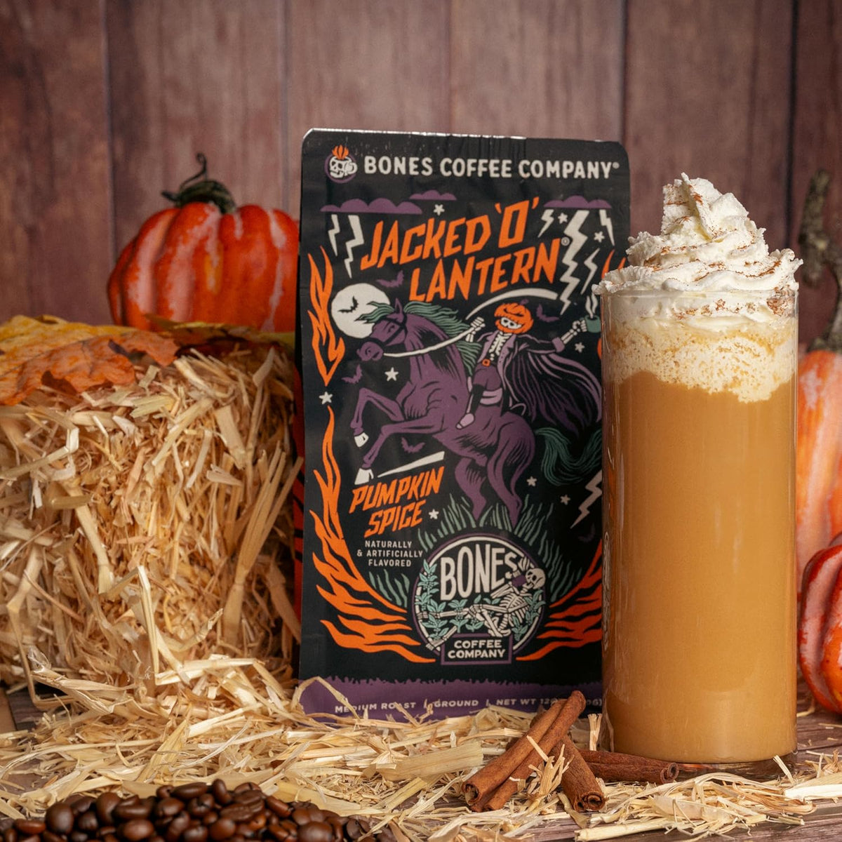 Bones Coffee Company Jacked 'O' Lantern, Pumpkin Spice Flavored Coffee, Medium Roast Low Acid Arabica Beans Compatible with Auto drip and French Press Coffee Maker, 12 Oz Ground