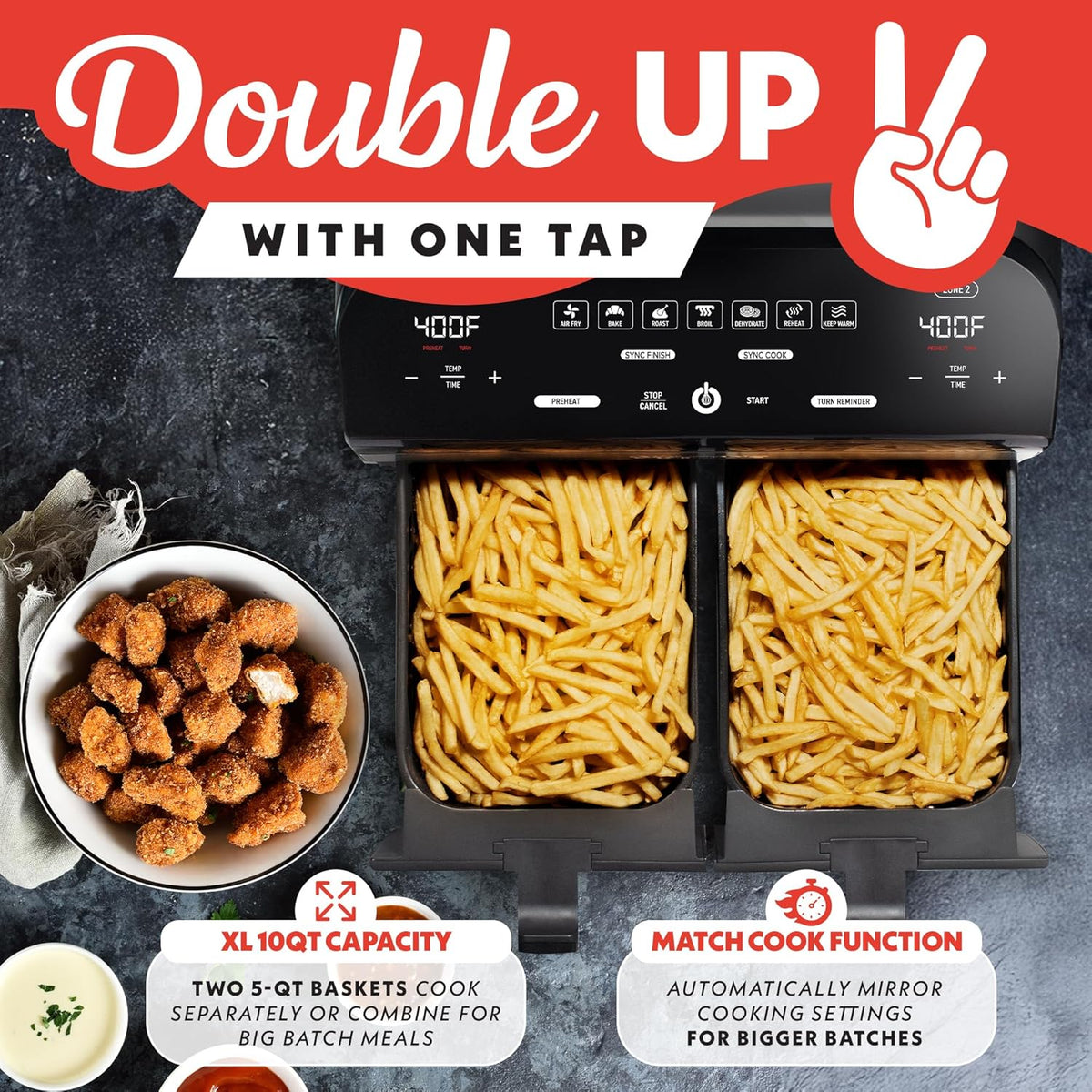 Gourmia Dual Basket Digital Air Fryer – 10 QT, FryForce 360° Technology, 7 Presets, Match Cook & Smart Finish, PTOA-Free Baskets & Crisper Trays, 1600W, Black