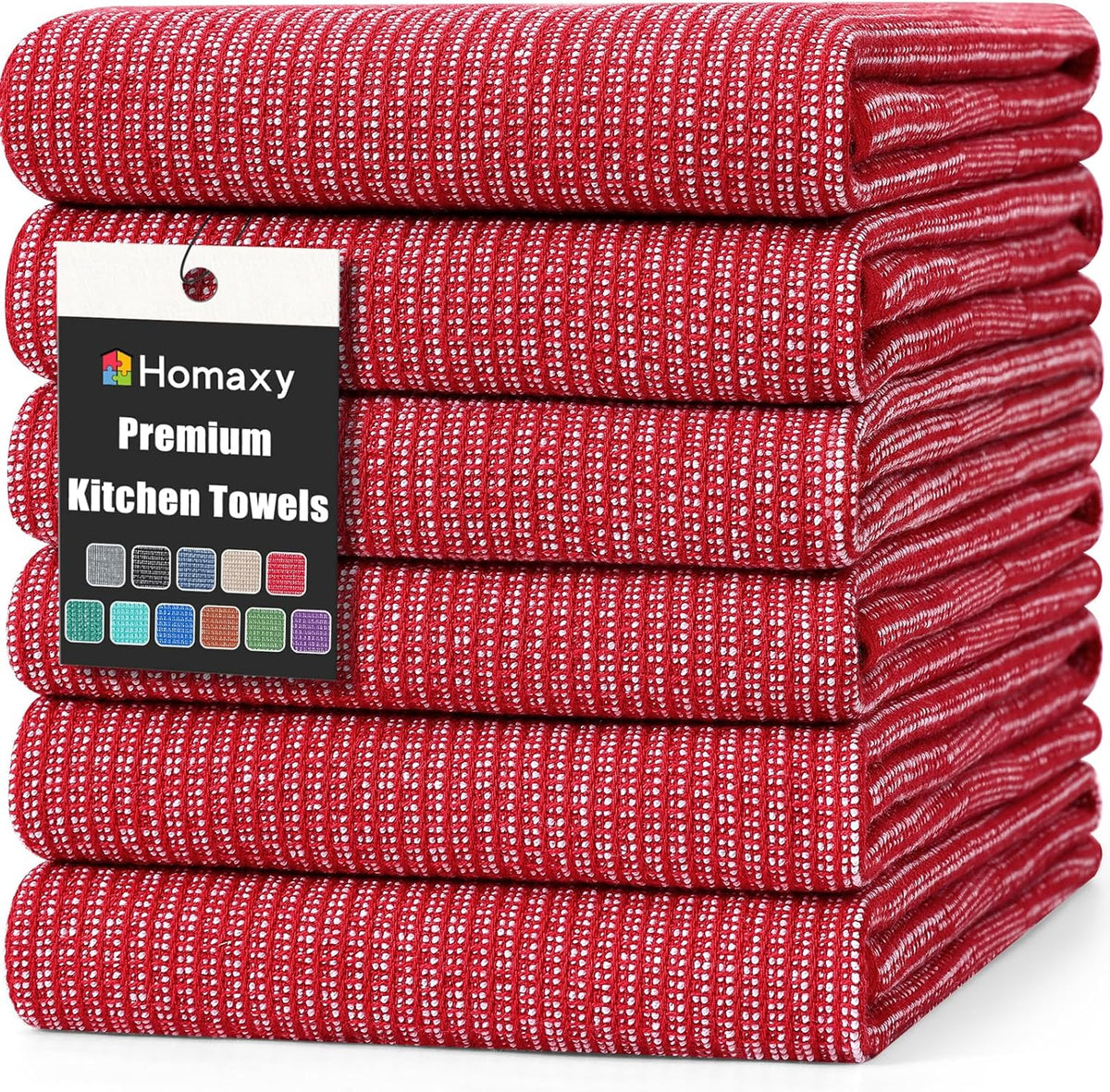 Homaxy Premium Kitchen Towels(18”x 28”, 6 Pack), Large Cotton Kitchen Hand Towels, Flat and Terry Dish Towels, 380 GSM Highly Absorbent Tea Towel Set with Hanging Loop, Red