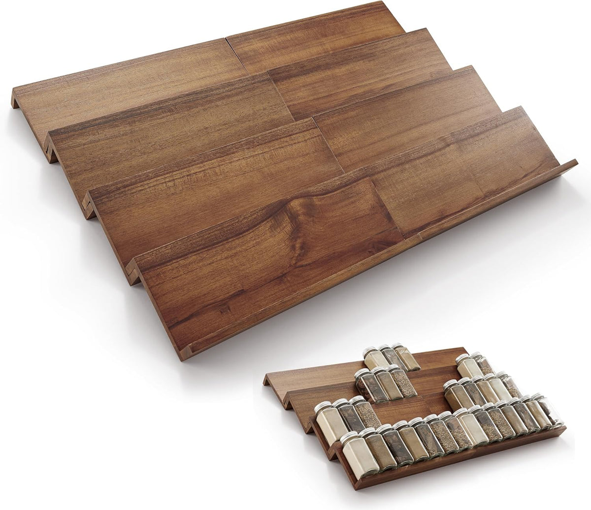 Tinamo 8-Pack Acacia Wooden Spice Drawer Organizer - Spice Organization for Cabinet, Seasoning Organizer for Cabinet - Organizador De Especias De Cocina - 64 Standard Jars, Multi-Tier (Walnut color)