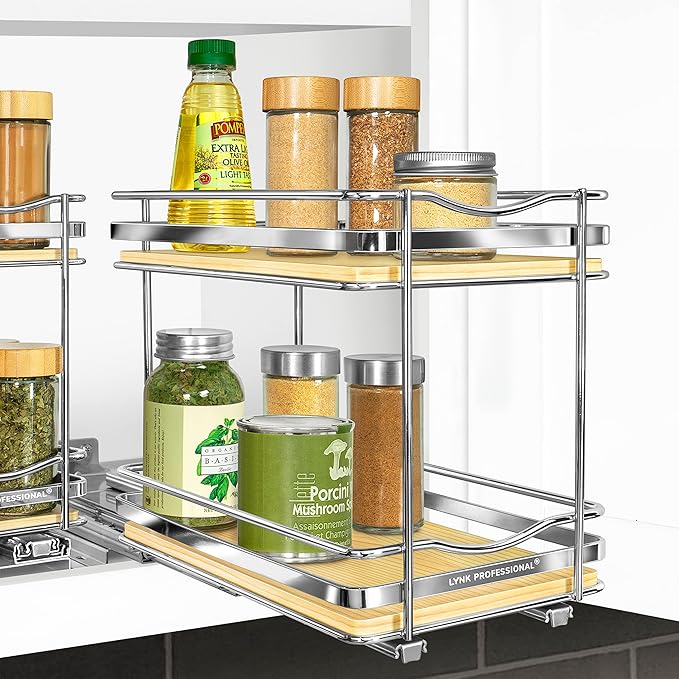 LYNK PROFESSIONAL® Élite™ Pull Out Spice Rack Organizer for Inside Kitchen Cabinets - 6-1/4 inch Wide - Slide Out Drawer – Wood/Chrome Sliding Spice Cabinet Organization Shelf Racks - 2 Tier