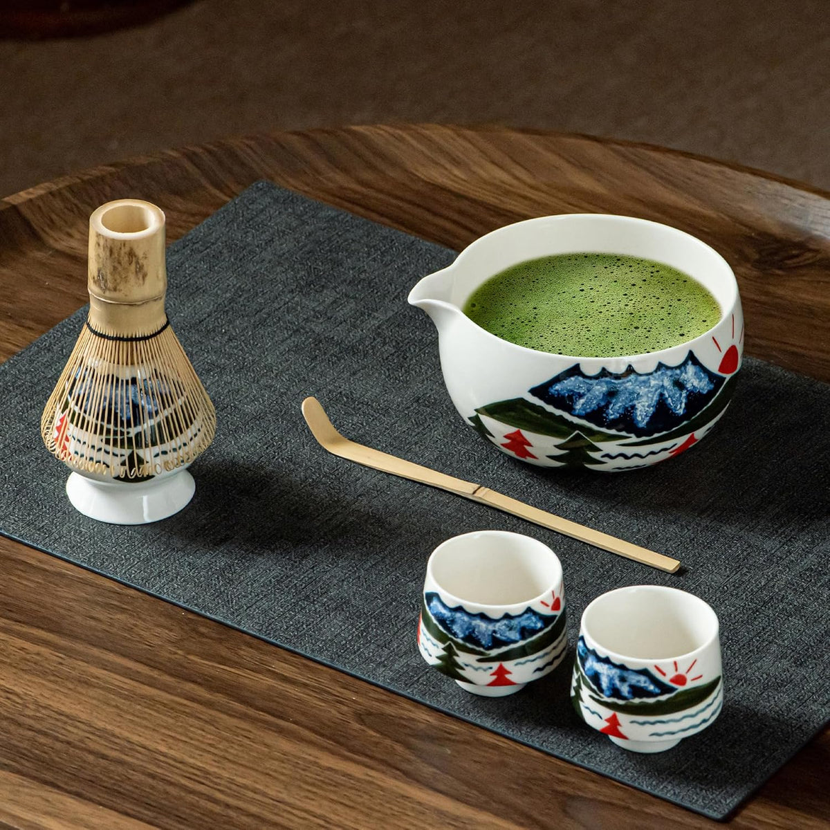 Fuji Mountain Matcha Bowl Set – 6-Pcs Hand-Painted Scenic Japanese Tea Ceremony Kit | Matcha Bowl with Spout, 2 Cups, Bamboo Whisk, Scoop & Whisk Holder | Gift for Tea Ceremony Lovers