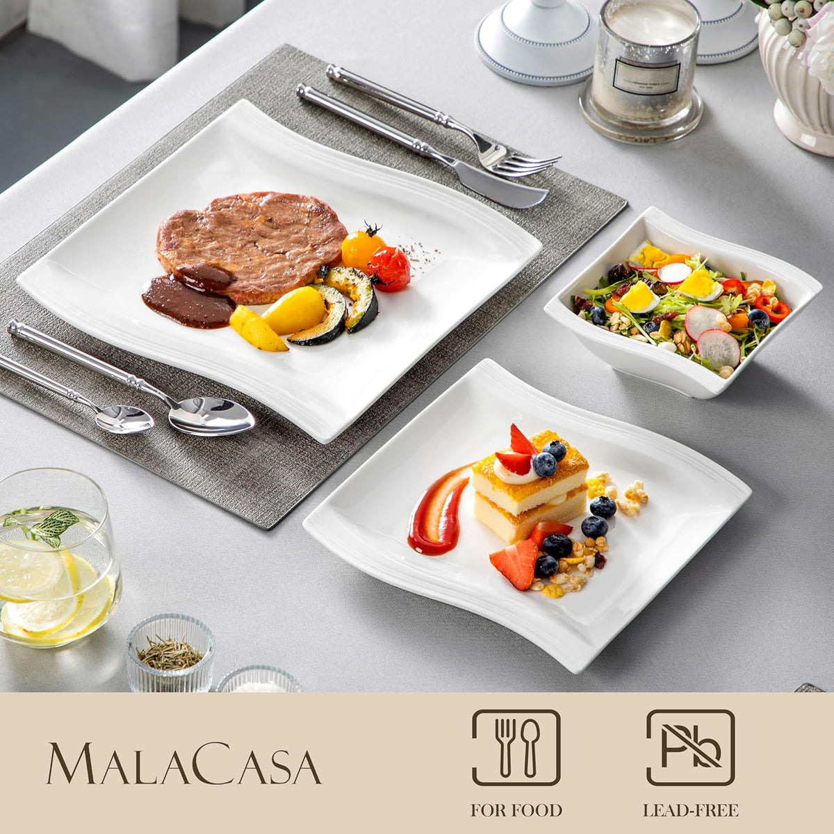 MALACASA Ivory White Dinnerware Sets, 30-Piece Porcelain Plates and Bowls Sets, Modern Dish Set for 6, Square Plates Dinnerware Set Kitchen Dishware Sets, Microwave and Dishwasher Safe, Series Flora