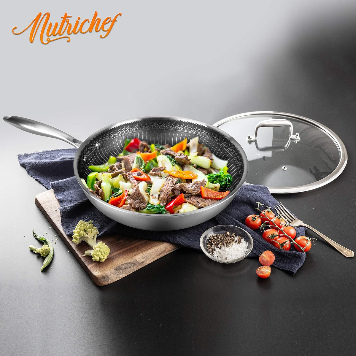 NutriChef 8" Stainless Steel Frying Pan - Triply Kitchenware Stir Fry Pan Kitchen Cookware w/DAKIN Etching Non-Stick Coating, Scratch-resistant Raised-up Honeycomb Fire Textured Pattern - NC3PL8