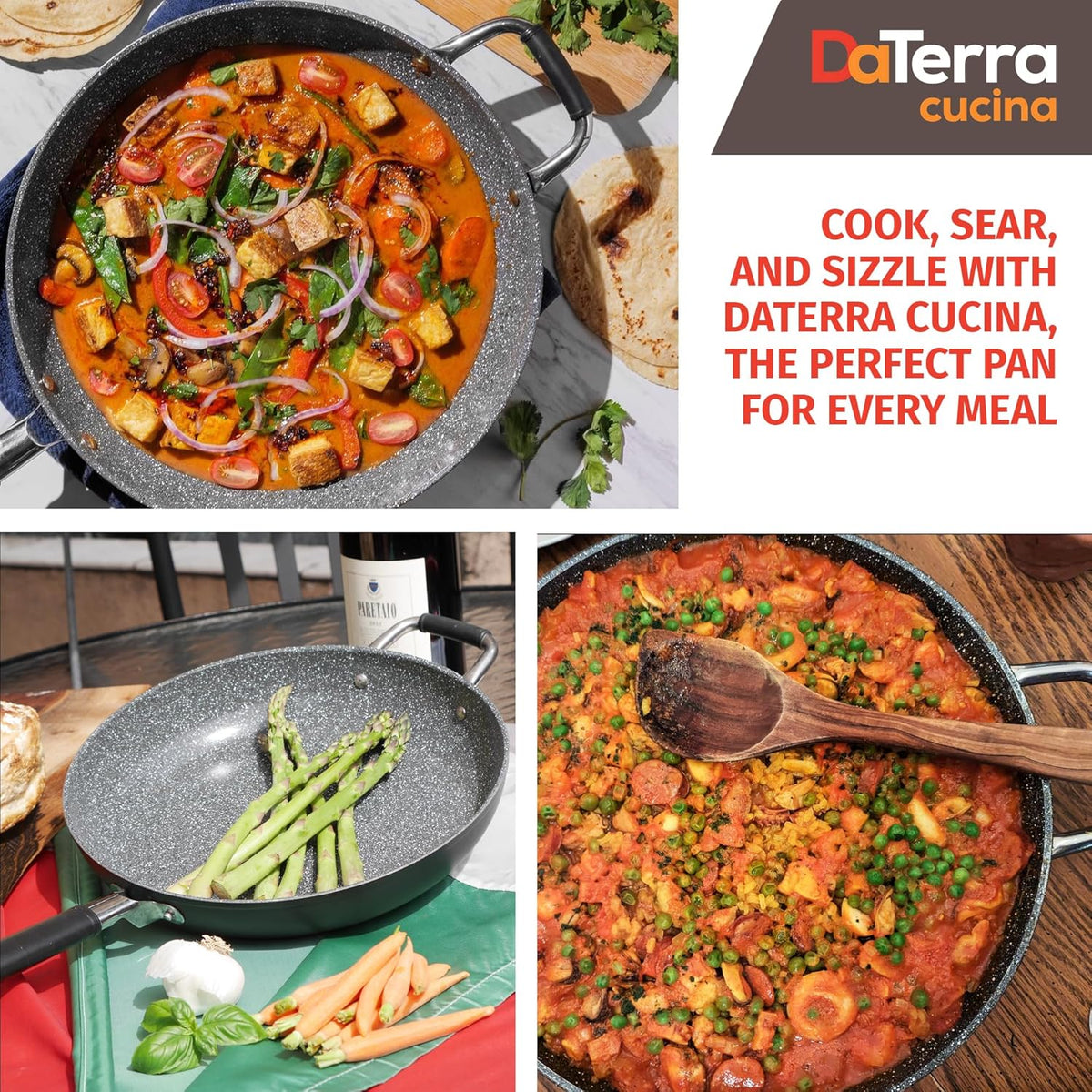 DaTerra Cucina - 13" Nonstick Ceramic Frying Pan - Made in Italy - Oven Safe - High Heat Resistant Nonstick Cookware - PTFE, Cadmium, Lead & PFOA free - Volcanic Black Speckled