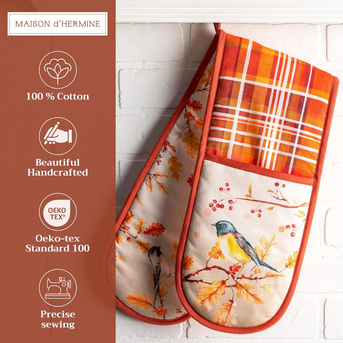 Maison d' Hermine Double Oven Mitt 100% Cotton Heat Resistant Cooking Gloves with Loop, Baking Barbeque, Handling Hot Pan, Oak Leaves - Thanksgiving/Christmas (7 Inch x 35 Inch)