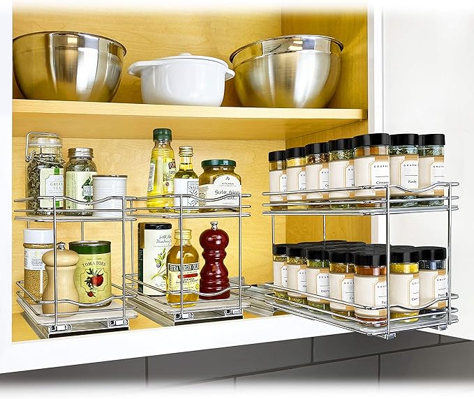 LYNK PROFESSIONAL® Pull Out Spice Rack Organizer for Inside Kitchen Cabinets - 6-1/4 inch Wide - Slide Out Drawer – Chrome Sliding Spice Cabinet Organization Shelf Racks - 2 Tier