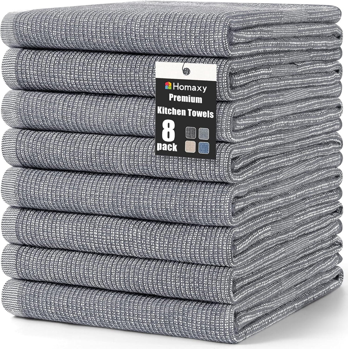 Homaxy Premium Kitchen Towels(18”x 28”, 8 Pack), Large Cotton Kitchen Hand Towels, Flat and Terry Dish Towels, 380 GSM Highly Absorbent Tea Towel Set with Hanging Loop, Grey