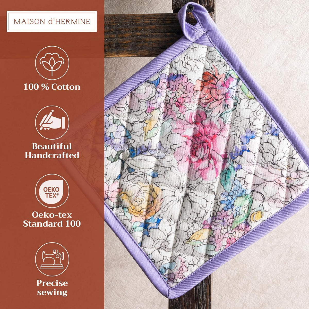 Maison d' Hermine Pot Holders 100% Cotton Heat Resistant Potholders 8" x 8" Hot Pads with Loop BBQ, Cooking, Baking, Grilling, Kitchen, Handling Hot Pans Spring/Summer (Pack of 1, Floral Love)