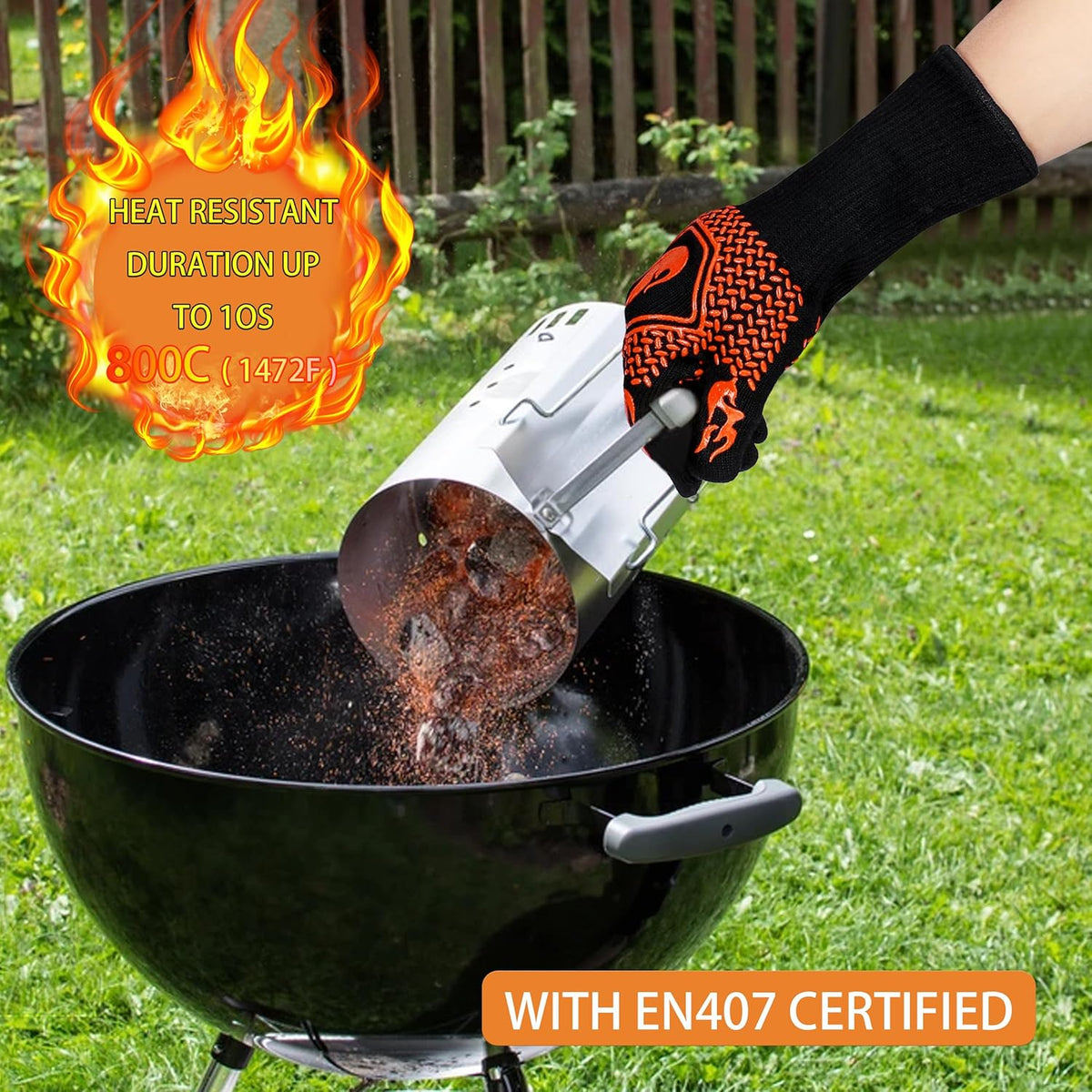 BBQ Fireproof Gloves, Grill Cut-Resistant Gloves 1472°F Heat Resistant Gloves, Non-Slip Silicone Oven Gloves, Kitchen Safe Cooking Gloves for Oven Mitts,Barbecue,Cooking, Frying,13.5 Inch-Orange