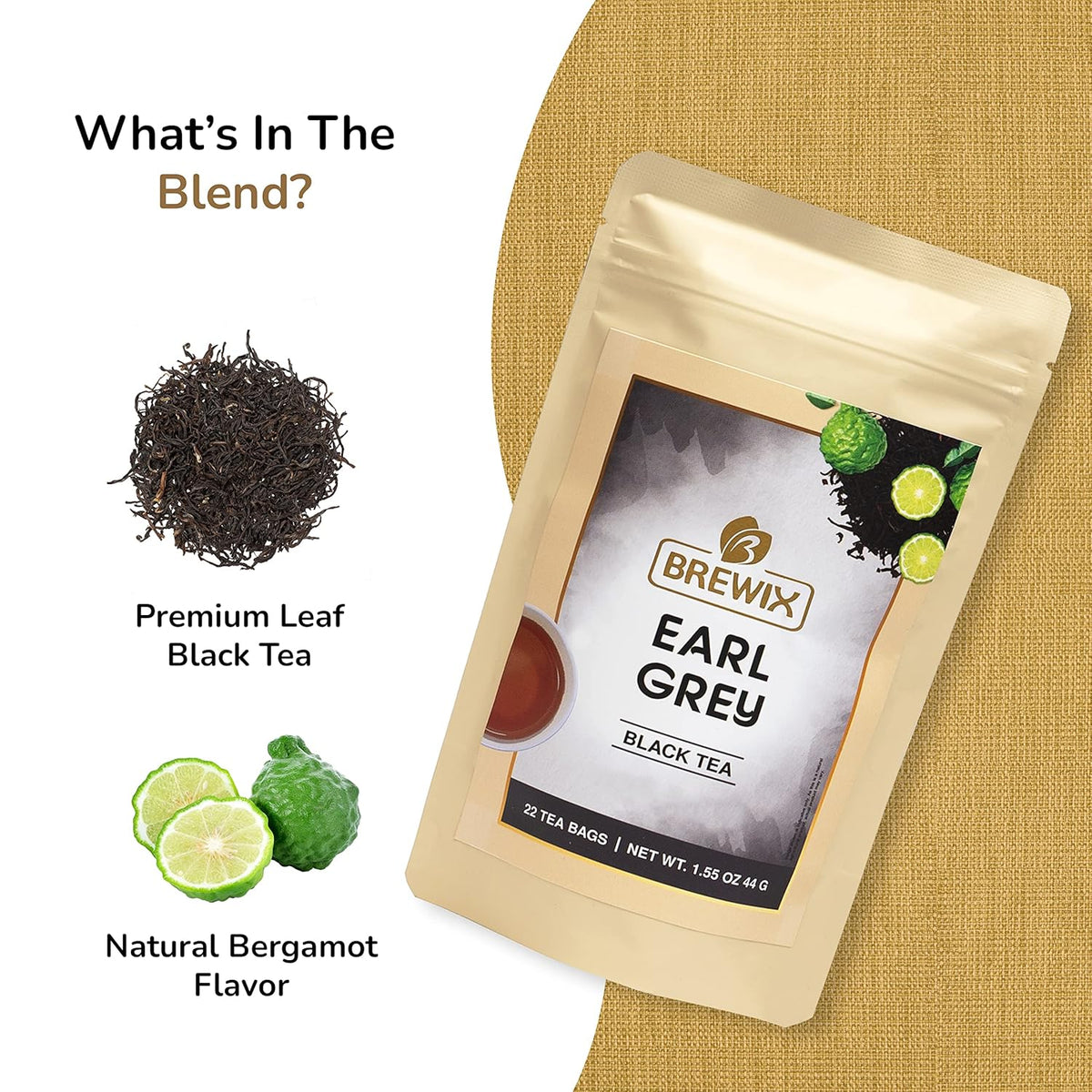 BREWIX, Earl Grey Tea Bags (22 Pyramid Tea Bags) Long Leaf Indian Black Tea with Bergamot, Packed in Resealable Ziplock Pouch | Black Tea with Bergamot