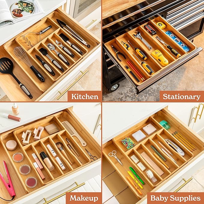 SMIRLY Silverware Drawer Organizer – Bamboo Kitchen Drawer Organizer, Adjustable Utensil Holder and Cutlery Tray, Drawer Dividers for Flatware and Kitchen Utensils
