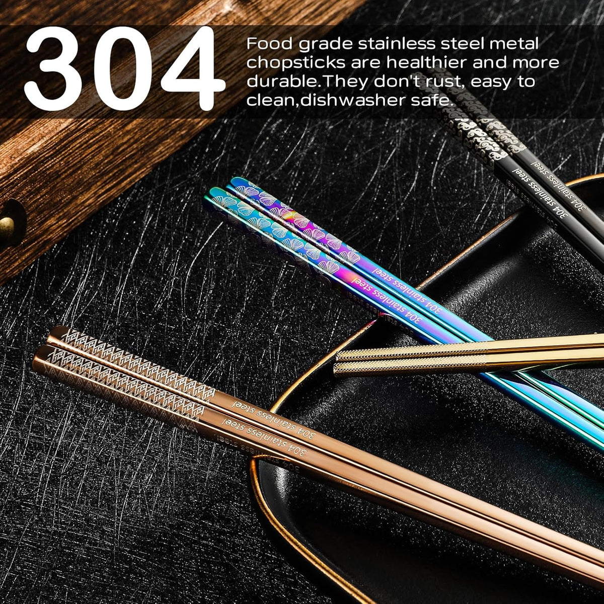 8 Pairs Metal Chopsticks Reusable Multicolor Stainless Steel Chopsticks Set Laser Engraved Non-slip Japanese Korean Chinese Chopstick for Cooking Eating Dishwasher Safe 9.25" Chop Sticks Gift Set