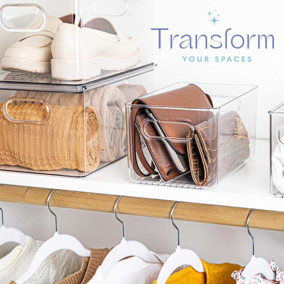 Plastic Food Storage 6 Pack Clear Container Bin with Handles for Organizing Kitchen, Pantry, Fridge, Freezer, Pantry,Bathroom. 10"x6"x5"