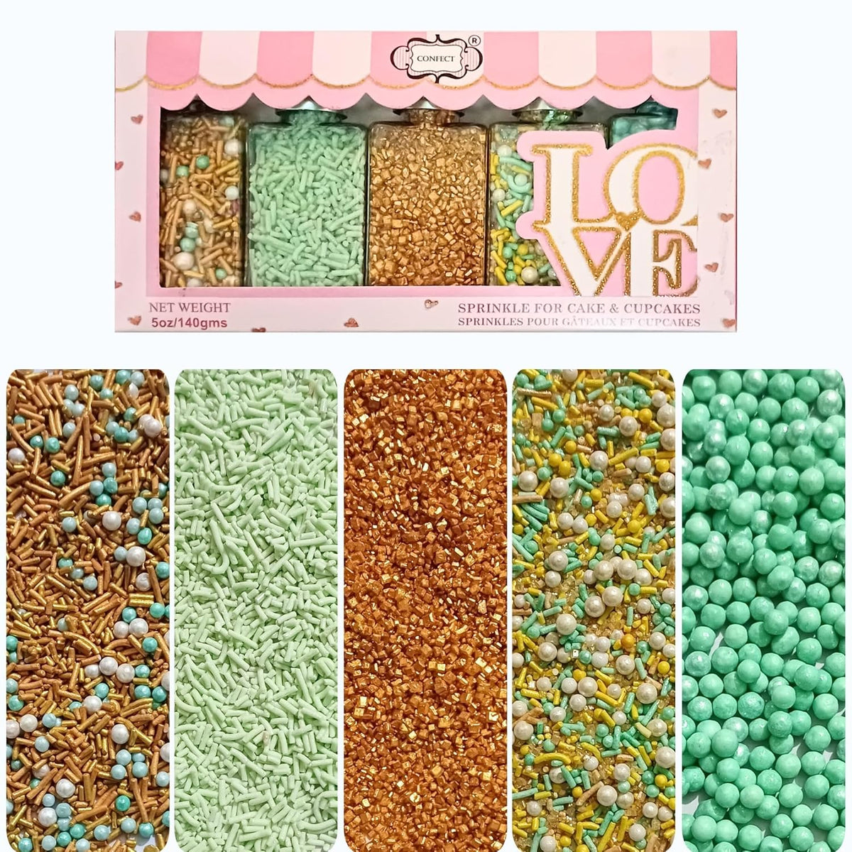 Confect Edible Sprinkles Mix Pack of 5 – Cool Summer Breeze Theme – Yellow Pearl Dragees, Mint Green & Gold Jimmies, Sparkling Gold Sugar – Cake & Cupcake Decorating Toppings - Vegan, Gluten-Free, Nut-Free, Soy-Free, Dairy-Free, Palm Oil-Free- 5 Oz