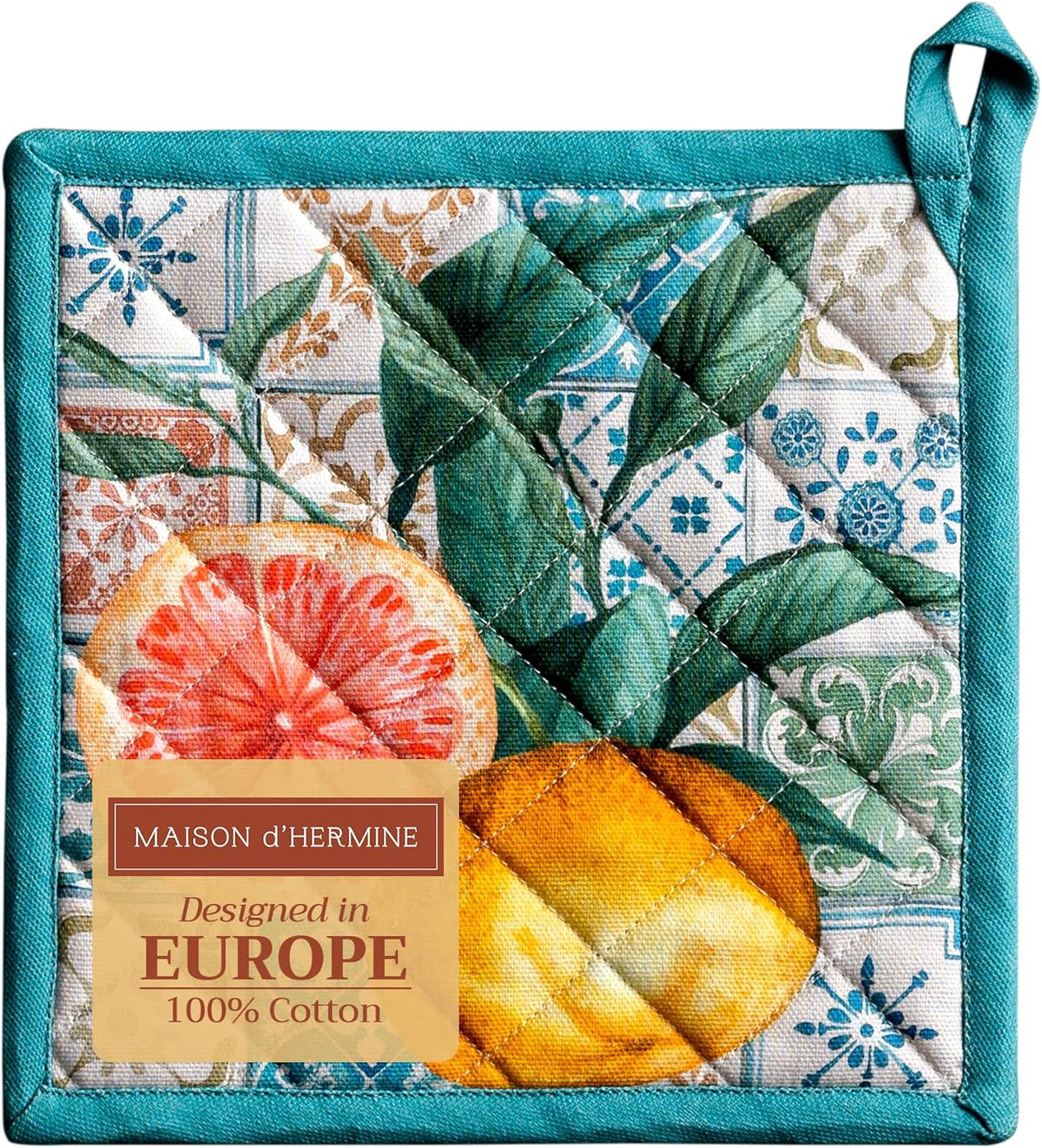 Maison d' Hermine Pot Holders 100% Cotton Heat Resistant Potholders 8" x 8" Hot Pads with Loop BBQ, Cooking, Baking, Grilling, Kitchen, Handling Hot Pans Spring/Summer (Pack of 1, Agrume)