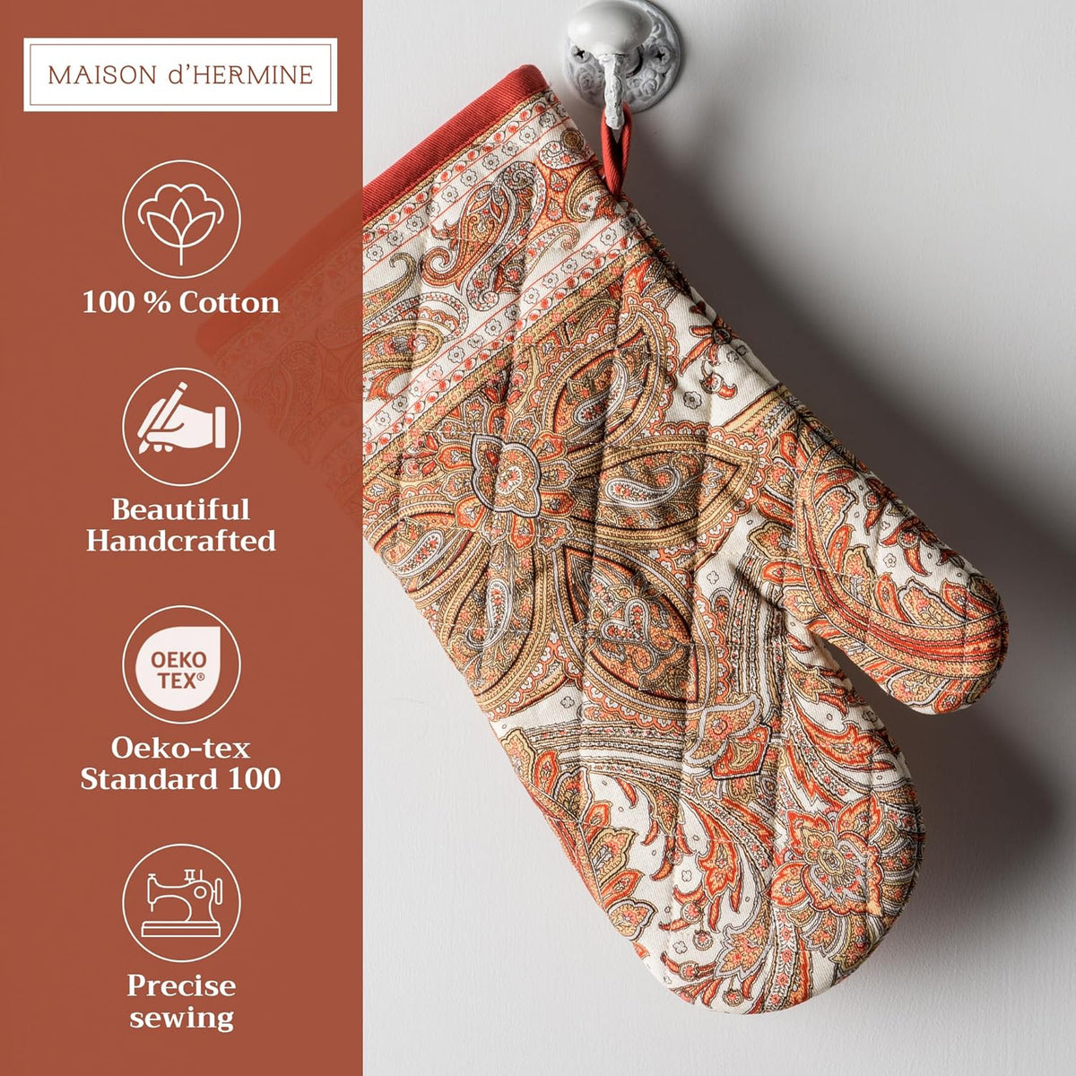 Maison d' Hermine Oven Gloves 100% Cotton Oven Mitt 7" x 13" with Loop Heat Resistant, BBQ, Cooking Gloves, Baking, Grilling, Kitchen, Handling Hot Pans (Pack of 1, Kashmir Paisley)