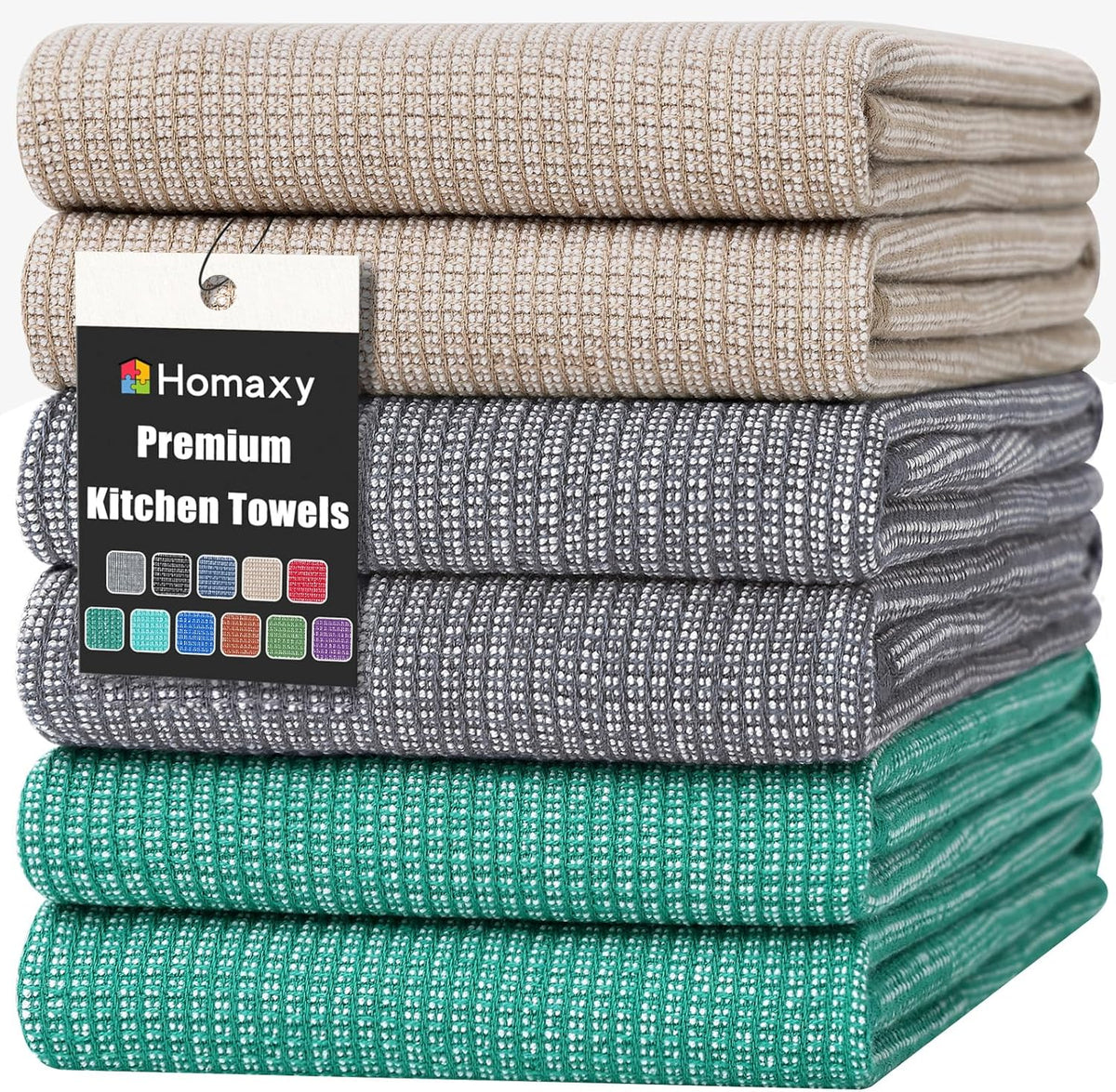 Homaxy Premium Kitchen Towels(18”x 28”, 6 Pack), Large Cotton Kitchen Hand Towels, Flat and Terry Dish Towels, 380 GSM Highly Absorbent Tea Towel Set with Hanging Loop, Grey/Green/Khaki
