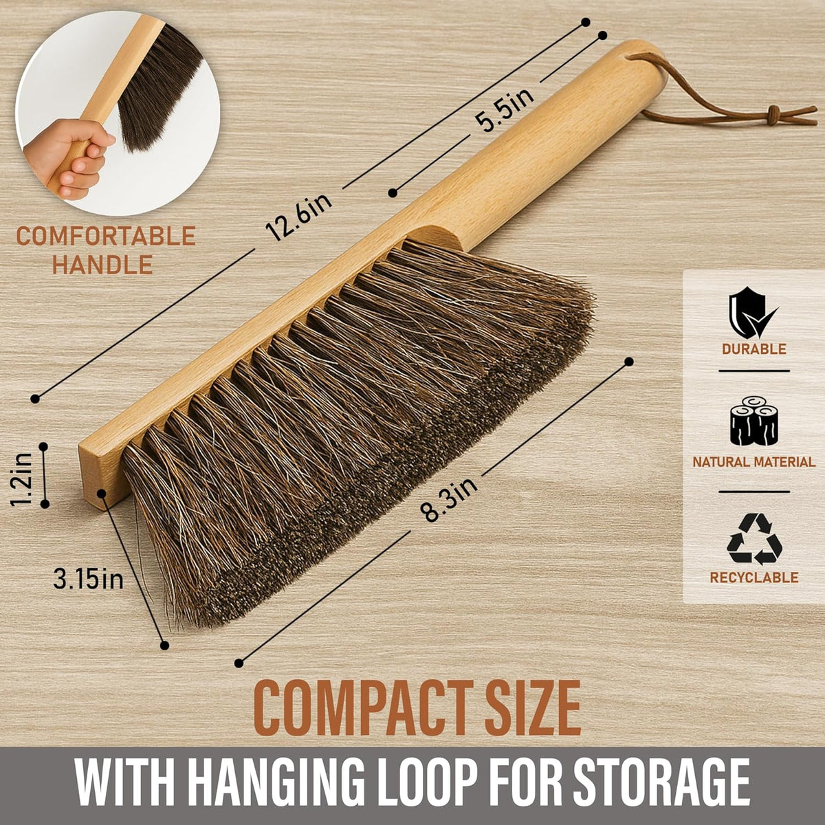 Takavu Multi-Purpose Counter Brush with Solid Wood Handle, Natural Horsehair Bristles for Gentle Dusting of Furniture, Drafting, Patio, Fireplace Cleaning, Shop Brush, Woodworking Tool & Accessories
