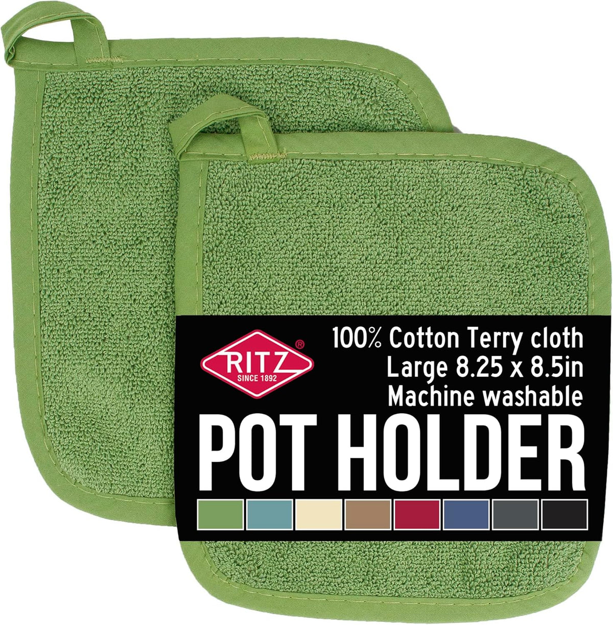 RITZ Terry Potholder & Hot Pad: Heat Resistant, Durable 100% Cotton – Ergonomically Designed for Optimal Grip, Easy-Care Machine Washable, Perfect for Your Kitchen – Cactus Green, 2-Pack