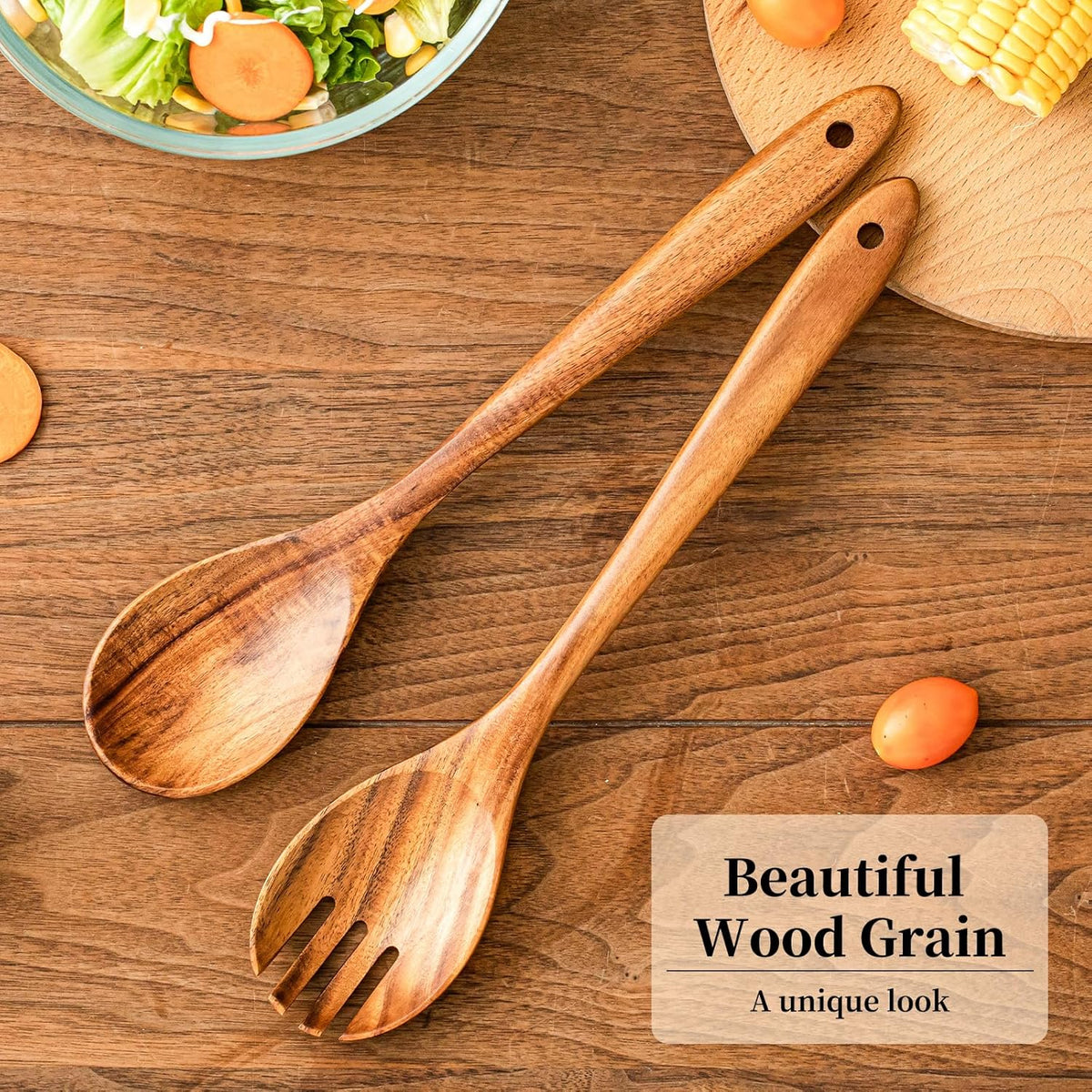 Gudamaye Acacia Wooden Salad Server Set,13 inch Salad Tongs for Serving including Salad Mixing Dinner Fork and Spoon,Long Handle Salad Server Set