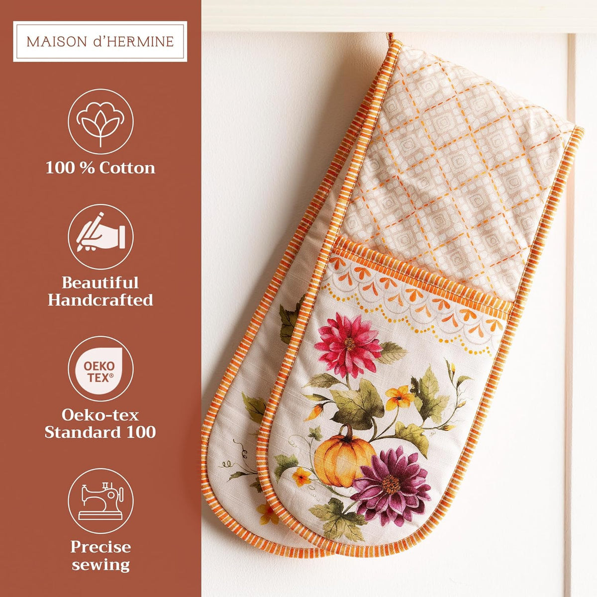 Maison d' Hermine Double Oven Mitts 100% Cotton 7"x35" Double Oven Mitt Heat Resistant BBQ Cooking Gloves with Loop, Baking, Grilling, Home, Kitchen, Handling Hot Pans (Pumpkin Garden - Cloudy Cream)