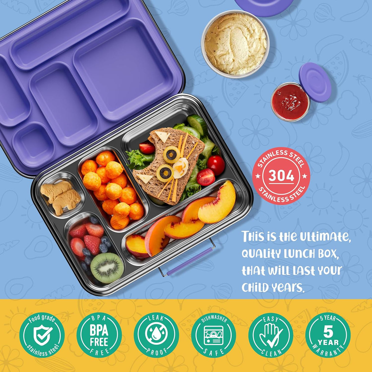Stainless Steel Bento Box Kids, Kids Metal Bento Lunch Box BPA Free Lunch Box Containers 304 Stainless Steel Bento Box for School and Office(Purple)
