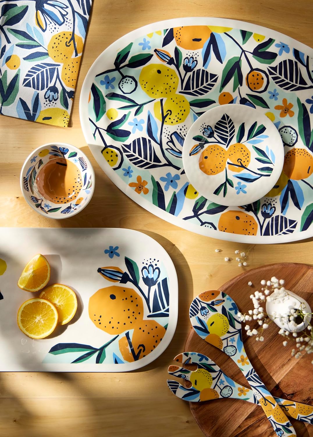 Demdaco Serving or Cooking Salad Spoon Utensil Set, 3 x 11 Inch Melamine, Citrus Blooms - Pack of 2