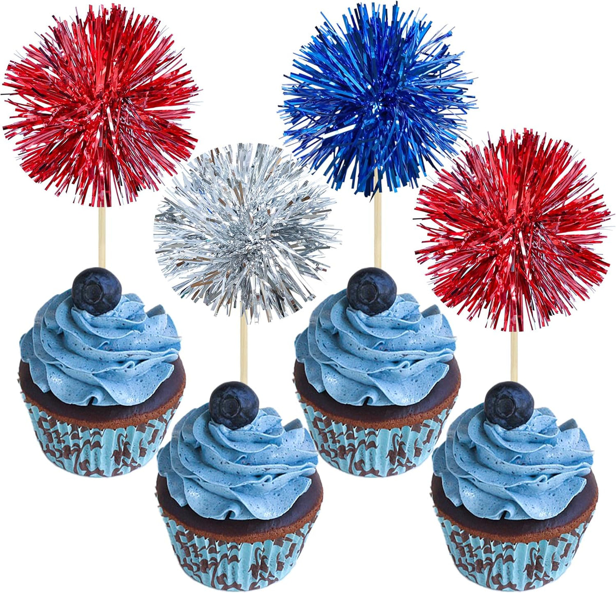 Gyufise 30Pcs Foil Firework Cupcake Toppers Sparkle Tinsel Cake Toppers Tinsel Drink Cake Decoration Cocktail Picks for Birthday Wedding Graduation Party Supplies Silver Dark Blue Red