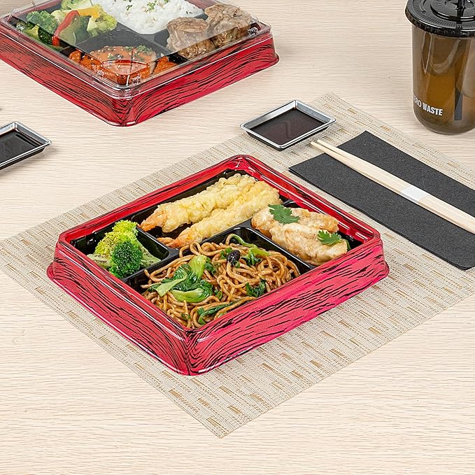 Restaurantware Bento Tek 15.2 Ounce Meal Prep Containers, 100 Disposable To Go Food Boxes - Lids Sold Separately, 4 Compartments, Red And Black Plastic Bento Lunch Boxes, Freezable, For Take Out