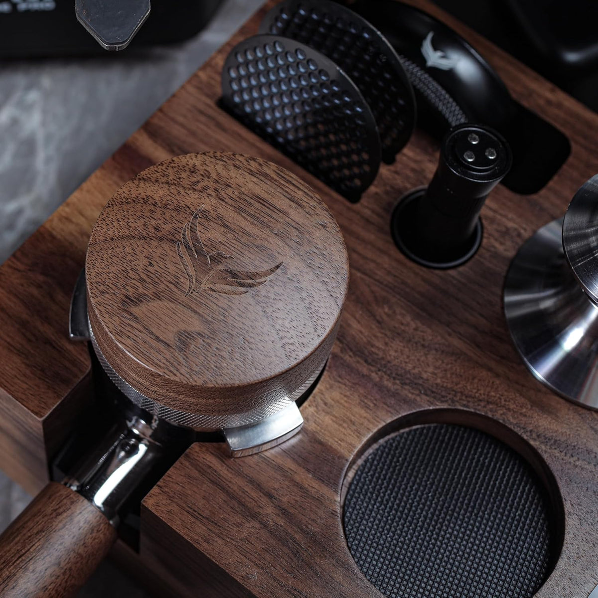 54mm Espresso Distribution Tool Walnut Coffee Distributor Adjustable Depth Stainless Steel Espresso Leveler Compatible with Breville Espresso Machines
