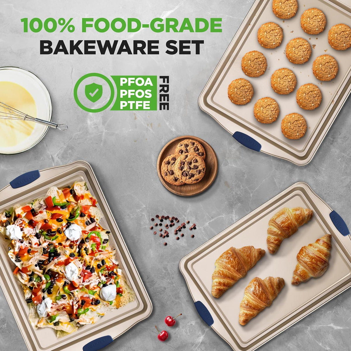 NutriChef 3-Piece Nonstick Bakeware Set - Premium Carbon Steel Oven Baking Trays w/Blue Silicone Handles - Small, Medium & Large Cookie Sheet Pans - PFOS, PFOA, PTFE-Free, Easy to Clean