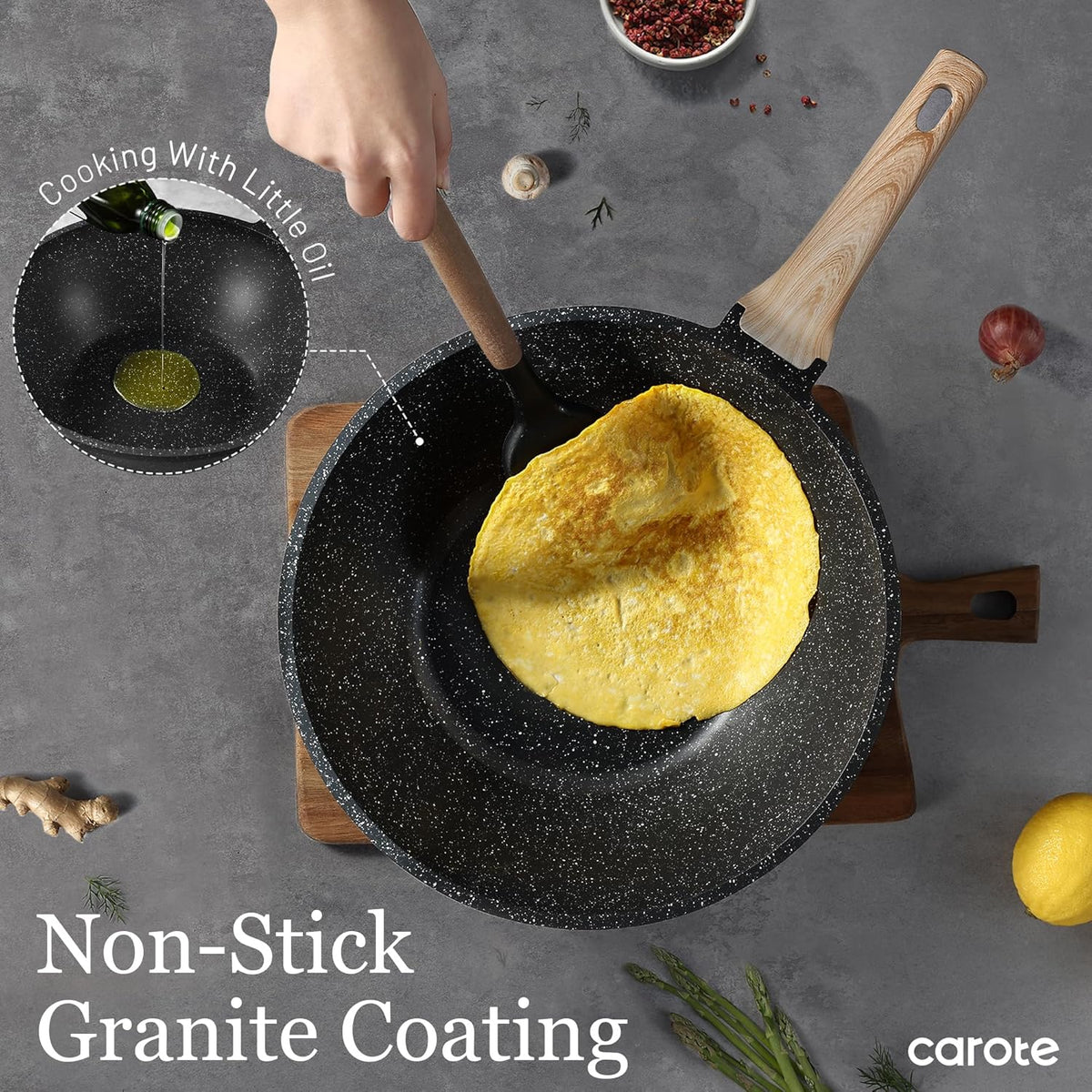 CAROTE Non Stick Wok with Lid 12''/5.3QT Woks & Stir-fry Pans Nonstick Granite Wok Pan Induction Cookware Deep Frying Pan, Compatible with All Stovetops