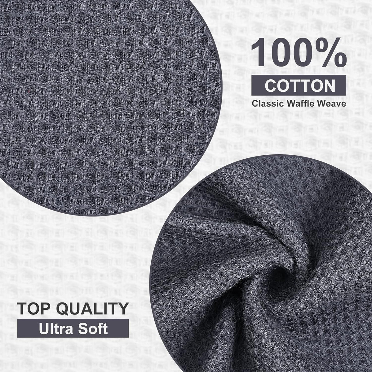 Kitinjoy 100% Cotton Kitchen Dish Cloths, 6 Pack Waffle Weave Ultra Soft Absorbent Dish Towels for Drying Dishes Quick Drying Kitchen Towels Dish Rags, 12 X 12 Inches, Dark Grey