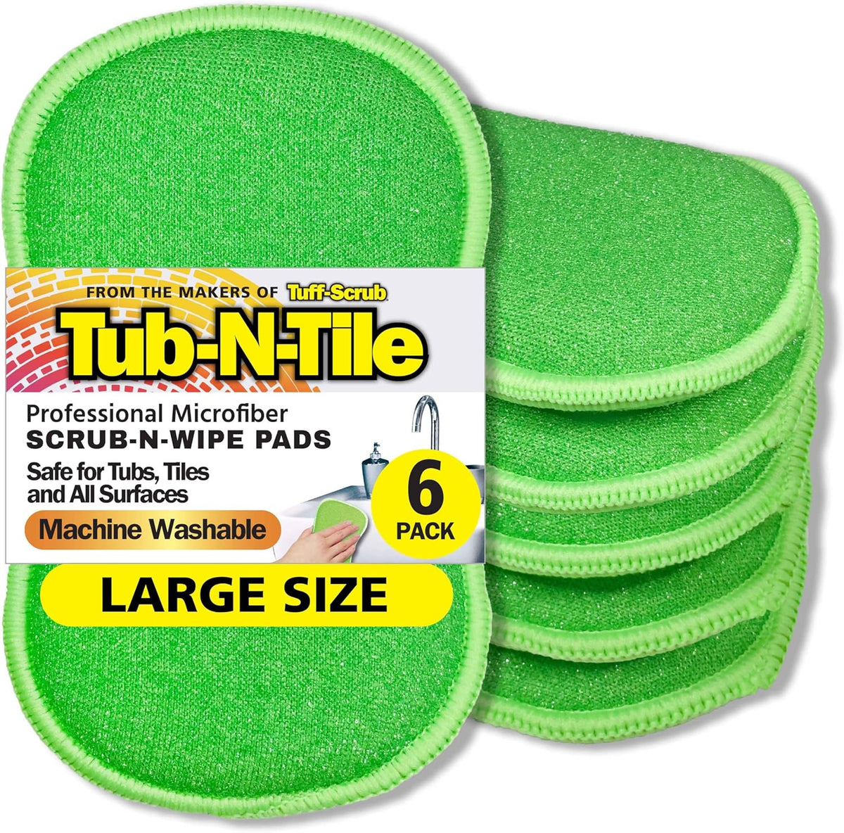 Tub-N-Tile by Tuff-Scrub, Large, 6-Pack, Microfiber, Scrub-N-Wipe Pad, Multi-Surface, Non-Scratch, Dual-Sided, Scrubber for Tubs, Tiles, Sinks – Machine Washable, Durable Kitchen Sponge