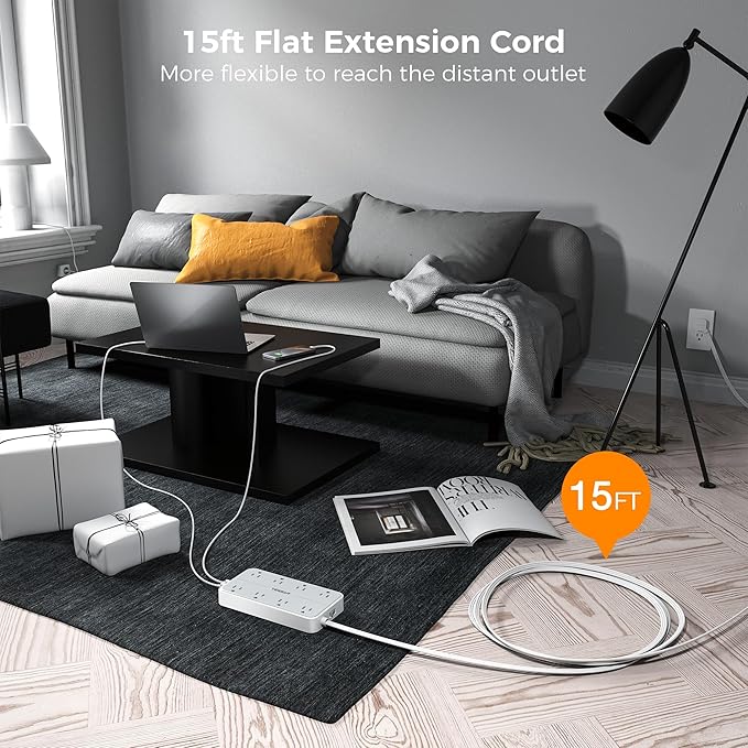 Flat Plug 15 FT Extension Cord, TESSAN Surge Protector Power Strip with 8 AC and 3 USB(1USB-C) Ports, 1080J Protection, Wall Mount Widely Spaced Charging Station for Home, Office, School, Dorm Room