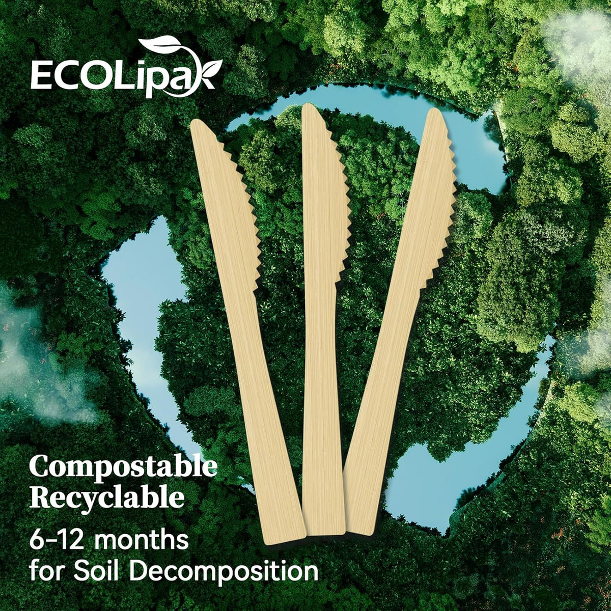 ECOLipak 300 Count Disposable Bamboo Knives, 6.7 Inch Bamboo Compostable Disposable Knives for Party, Wedding, Camping, Traveling, Family Dinners, Large Events