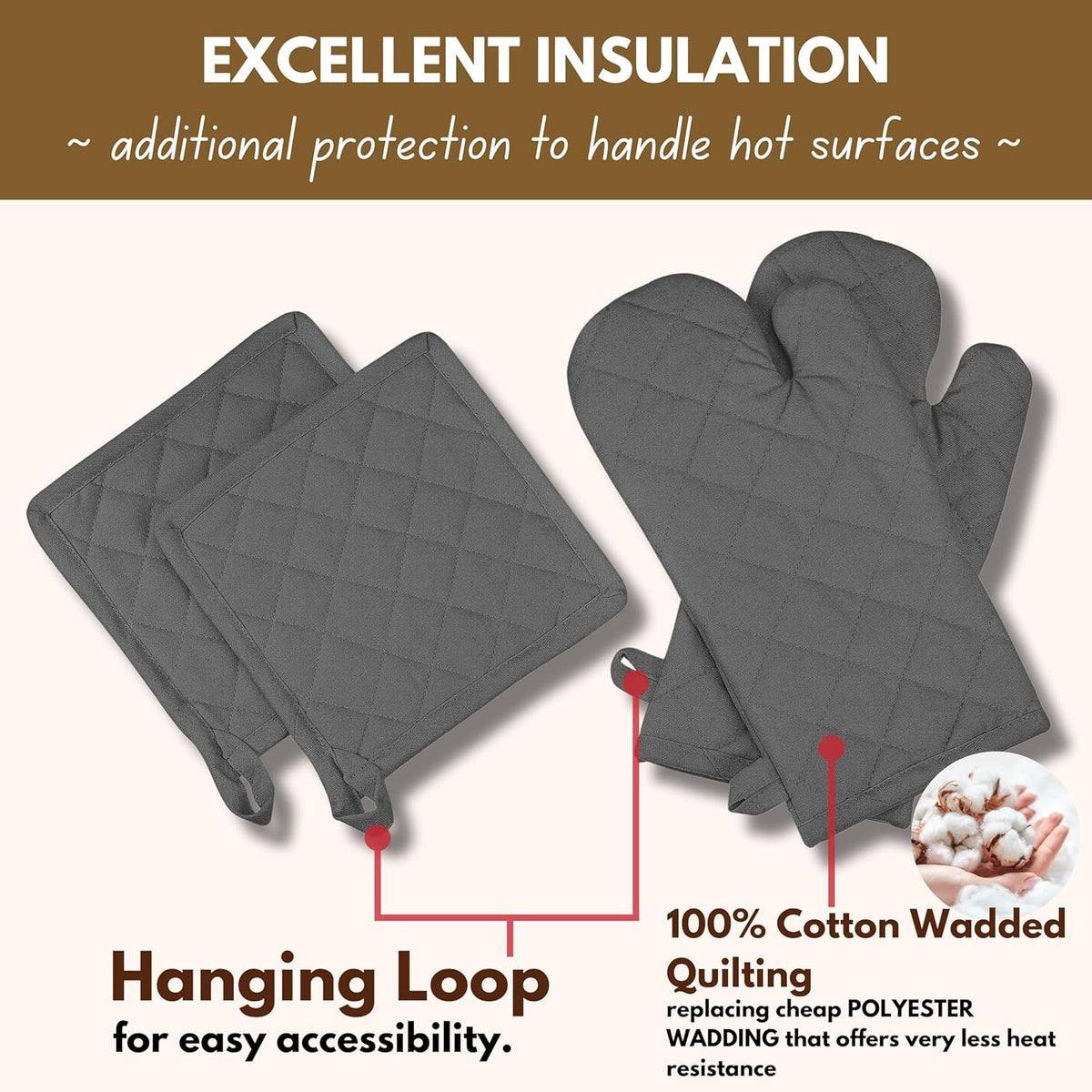 Native Fab Farmhouse Oven Mitts and Pot Holders Set of 4, Heat Resistant Non-Slip Machine Washable, 100% Cotton Kitchen Pot Holders Oven Mitts Sets Grey