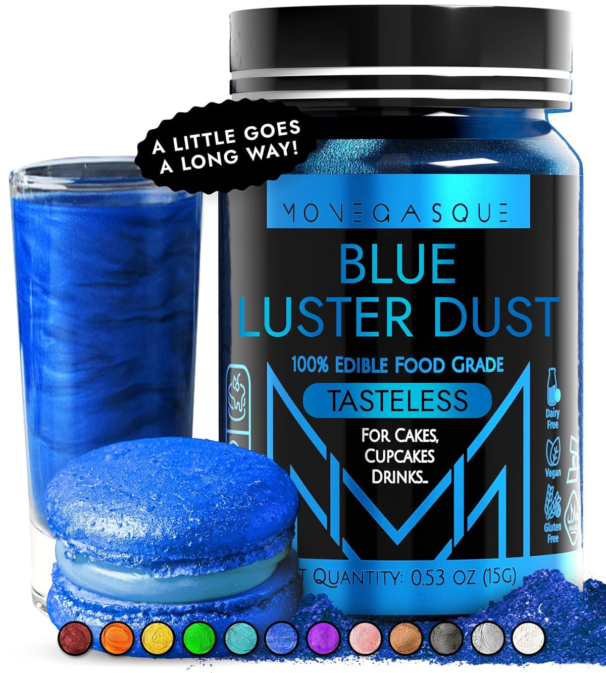 MONÉGASQUE Blue Edible Glitter for Drinks 15g – Halloween Edible Glitter for Cakes & Cocktails - Blue Luster Dust for Cocktail, Cake Decorating, & Food Spray - Strawberries & Drink Shimmer Decorations